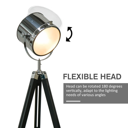 Adjustable Industrial Tripod Floor Lamp with Searchlight Steel Shade, 110-155cm - Black