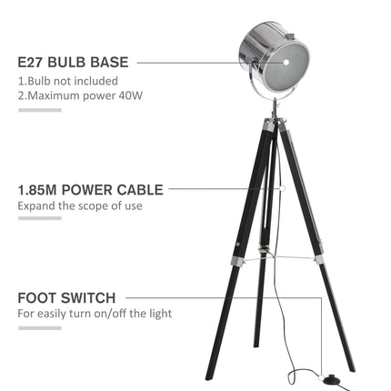 Adjustable Industrial Tripod Floor Lamp with Searchlight Steel Shade, 110-155cm - Black