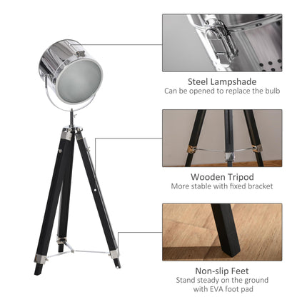 Adjustable Industrial Tripod Floor Lamp with Searchlight Steel Shade, 110-155cm - Black