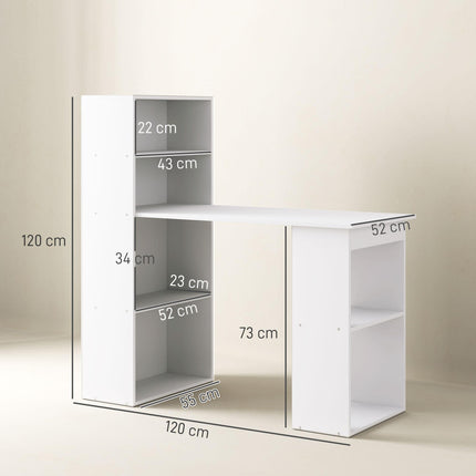 120cm Modern Computer Desk with 6 Shelves Bookshelf Workstation Writing Table - White