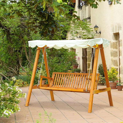 3 Seater Wooden Garden Swing Seat with Sun Shade Canopy - Cream White