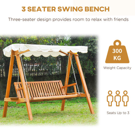 3 Seater Wooden Garden Swing Seat with Sun Shade Canopy - Cream White