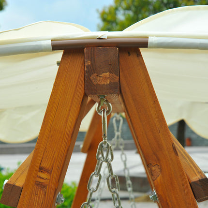 3 Seater Wooden Garden Swing Seat with Sun Shade Canopy - Cream White