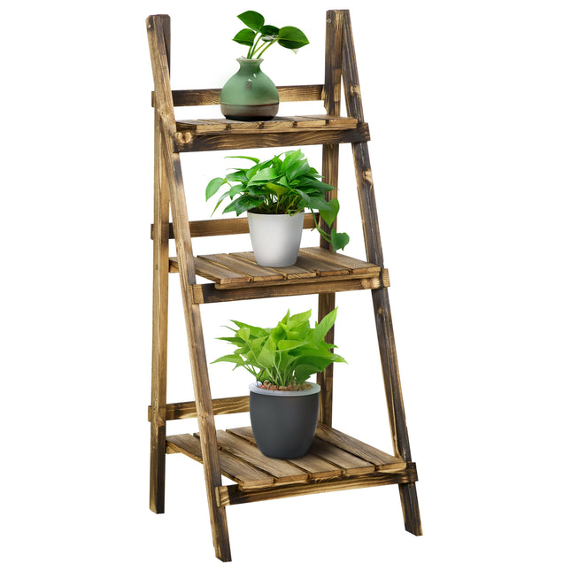 3 Tier Folding Wood Flower Stand Ladder Planter Display Shelf Rack 40x37x93cm - Brown