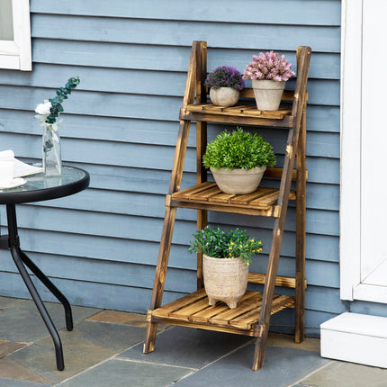 3 Tier Folding Wood Flower Stand Ladder Planter Display Shelf Rack 40x37x93cm - Brown