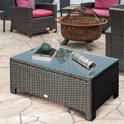 Rattan Garden Coffee Table with Tempered Glass and Iron Frame - Black