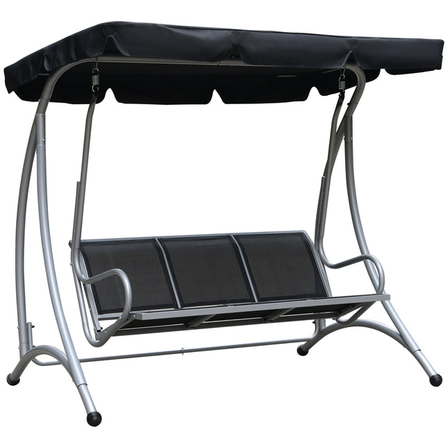 3 Seater Steel Outdoor Patio Porch Swing Chair with Adjustable Canopy - Black