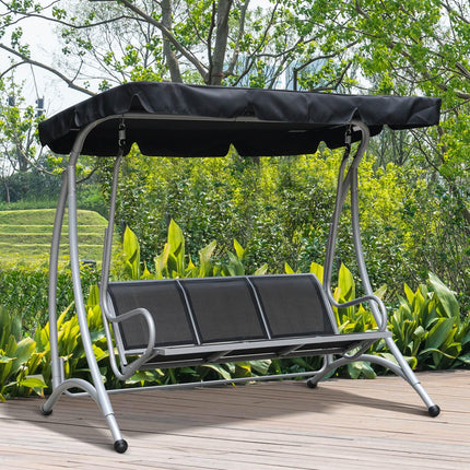 3 Seater Steel Outdoor Patio Porch Swing Chair with Adjustable Canopy - Black