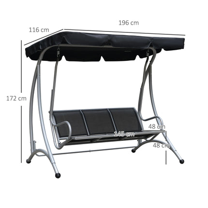 3 Seater Steel Outdoor Patio Porch Swing Chair with Adjustable Canopy - Black