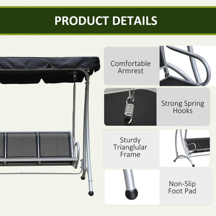 3 Seater Steel Outdoor Patio Porch Swing Chair with Adjustable Canopy - Black