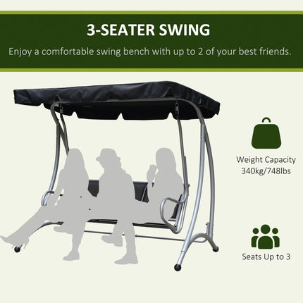 3 Seater Steel Outdoor Patio Porch Swing Chair with Adjustable Canopy - Black