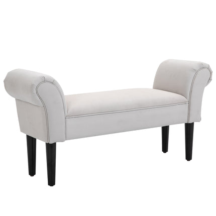 Small Linen Upholstered Ottoman Bench with Rolled Arms and Wood Legs - Grey
