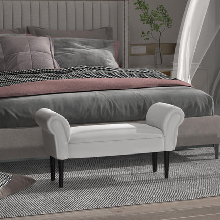 Small Linen Upholstered Ottoman Bench with Rolled Arms and Wood Legs - Grey