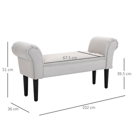Small Linen Upholstered Ottoman Bench with Rolled Arms and Wood Legs - Grey