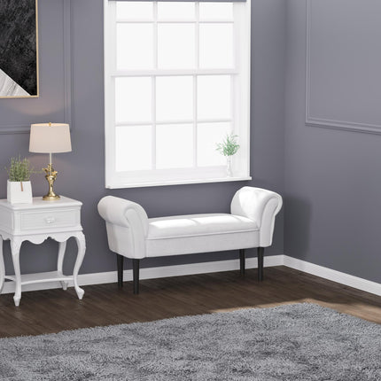 Small Linen Upholstered Ottoman Bench with Rolled Arms and Wood Legs - Grey