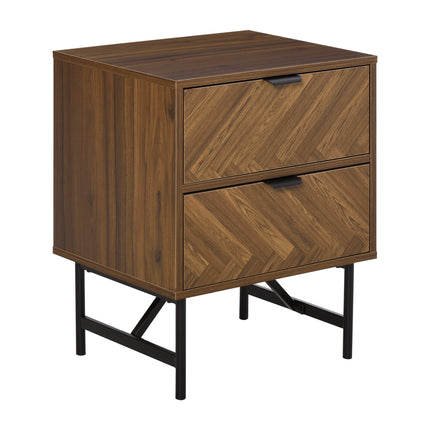 Side Cabinet Home Organizer with 2 Drawers, Hidden Handle, Herringbone Pattern - Walnut Brown