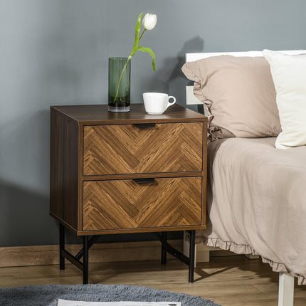 Side Cabinet Home Organizer with 2 Drawers, Hidden Handle, Herringbone Pattern - Walnut Brown