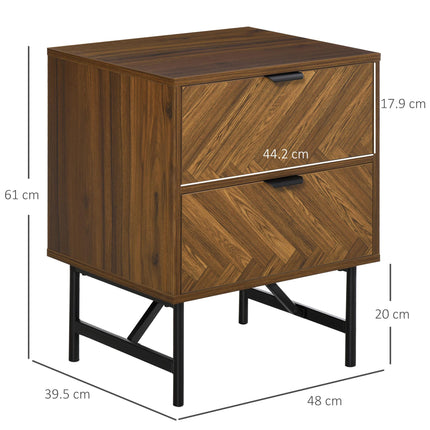 Side Cabinet Home Organizer with 2 Drawers, Hidden Handle, Herringbone Pattern - Walnut Brown