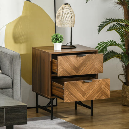 Side Cabinet Home Organizer with 2 Drawers, Hidden Handle, Herringbone Pattern - Walnut Brown