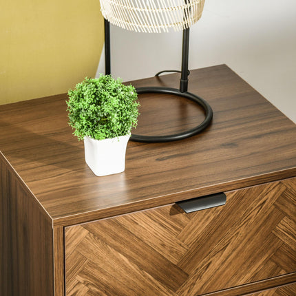 Side Cabinet Home Organizer with 2 Drawers, Hidden Handle, Herringbone Pattern - Walnut Brown