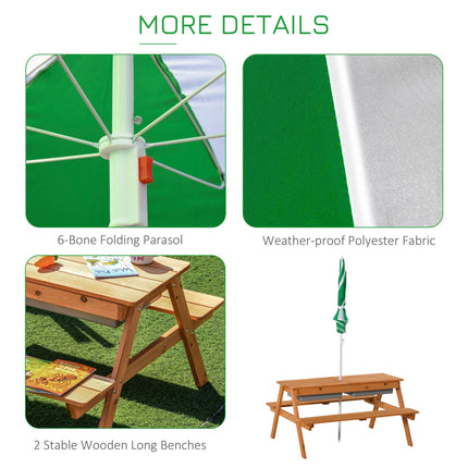 Kids Picnic Table with Benches, Wooden Sand and Water Table, Adjustable Parasol, Storage Bins, for Kids 3-6 Years, Brown