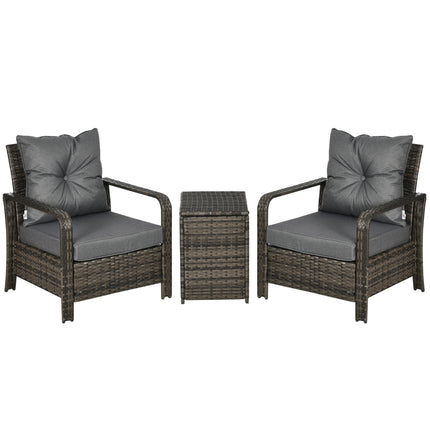 3 pcs PE Rattan Wicker Garden Patio Bistro Set with Storage Table and Cushioned Chairs - Grey