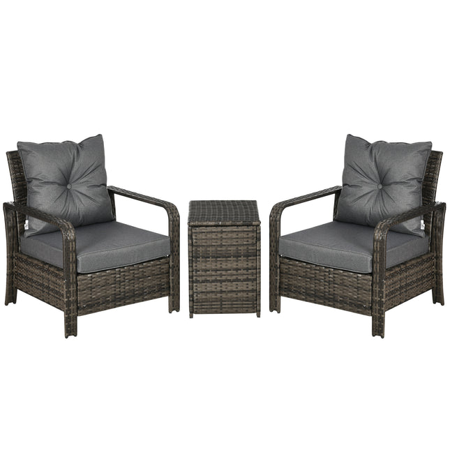 3 pcs PE Rattan Wicker Garden Patio Bistro Set with Storage Table and Cushioned Chairs - Grey