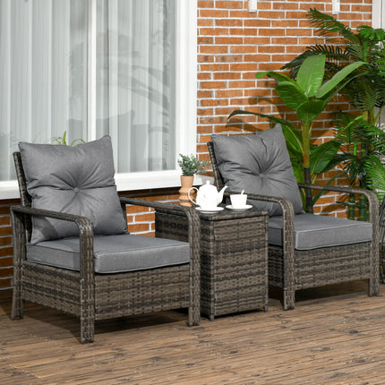 3 pcs PE Rattan Wicker Garden Patio Bistro Set with Storage Table and Cushioned Chairs - Grey