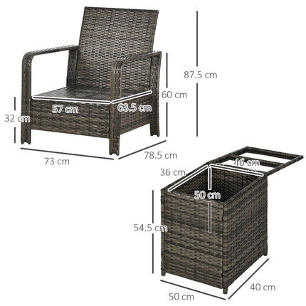 3 pcs PE Rattan Wicker Garden Patio Bistro Set with Storage Table and Cushioned Chairs - Grey