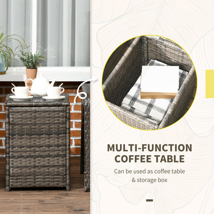 3 pcs PE Rattan Wicker Garden Patio Bistro Set with Storage Table and Cushioned Chairs - Grey