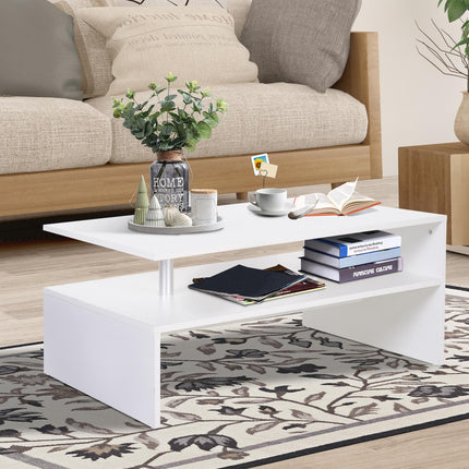 2-Tier Rectangular Coffee Table with Open Shelf for Living Room Entryway - White