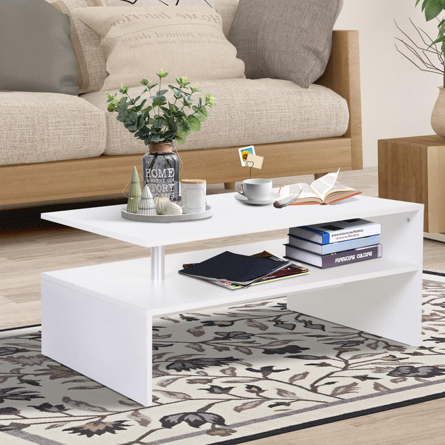 2-Tier Rectangular Coffee Table with Open Shelf for Living Room Entryway - White