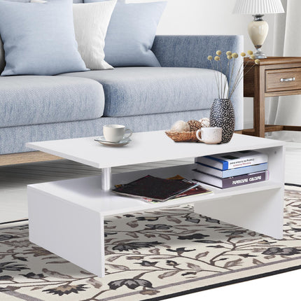 2-Tier Rectangular Coffee Table with Open Shelf for Living Room Entryway - White