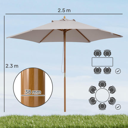2.5m Wooden Garden Parasol with Ventilated Polyester Canopy - Grey