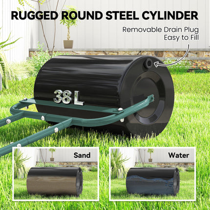 38L Fillable Steel Lawn Roller for Flattening and Seedbed Preparation - Dark Green
