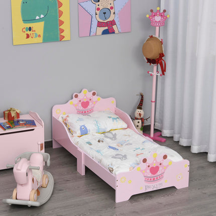 Kids Wooden Bed with Crown Safety Side Rails for Toddlers 3-6 Years - Pink