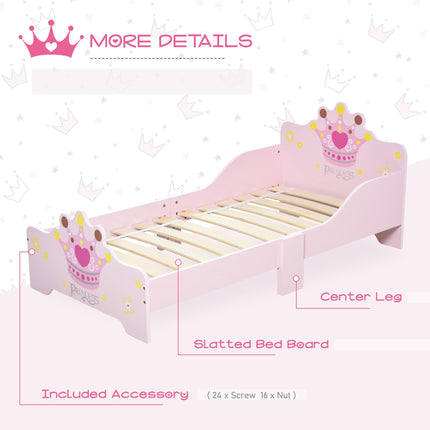 Kids Wooden Bed with Crown Safety Side Rails for Toddlers 3-6 Years - Pink