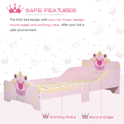 Kids Wooden Bed with Crown Safety Side Rails for Toddlers 3-6 Years - Pink