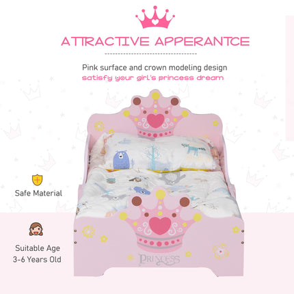 Kids Wooden Bed with Crown Safety Side Rails for Toddlers 3-6 Years - Pink