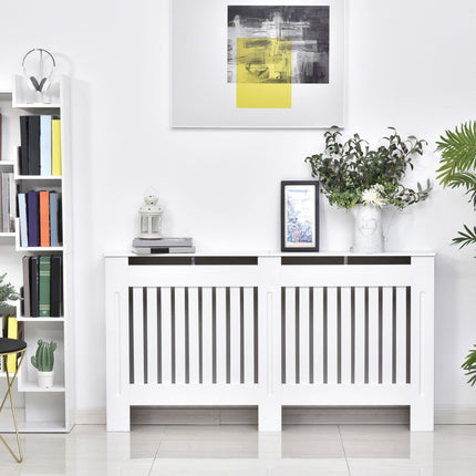 Slatted MDF Radiator Cover Cabinet with Lined Grill 152x19x81 cm - White