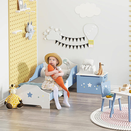 Kids Toddler Wooden Bed with Guardrails and Star Design 143x74x59 cm - Blue