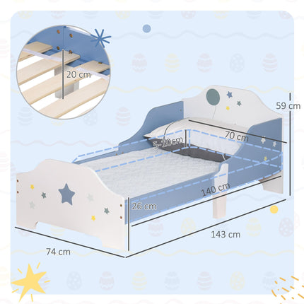 Kids Toddler Wooden Bed with Guardrails and Star Design 143x74x59 cm - Blue