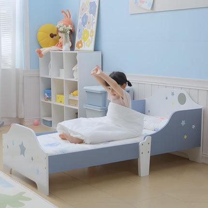 Kids Toddler Wooden Bed with Guardrails and Star Design 143x74x59 cm - Blue