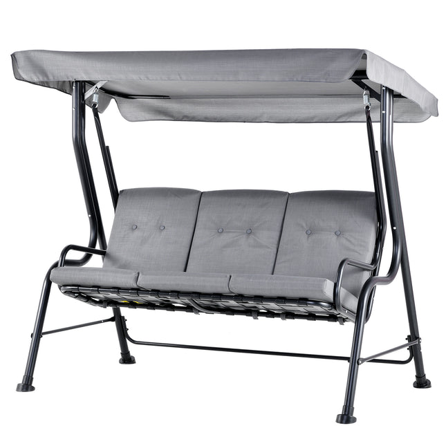 3 Seater Outdoor Garden Swing Chair with Padded Seat and Canopy - Grey