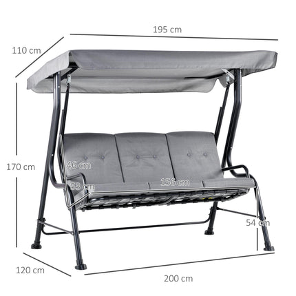 3 Seater Outdoor Garden Swing Chair with Padded Seat and Canopy - Grey