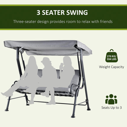 3 Seater Outdoor Garden Swing Chair with Padded Seat and Canopy - Grey