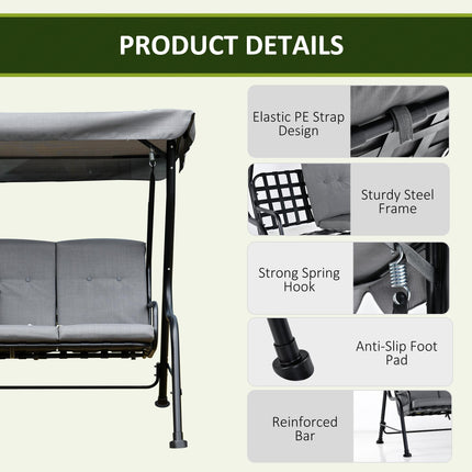3 Seater Outdoor Garden Swing Chair with Padded Seat and Canopy - Grey