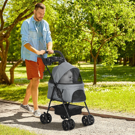 Pet Stroller for Small Dogs and Cats with One-Click Fold, EVA Wheels, Brake, Basket, Adjustable Canopy, Safety Leash - Grey
