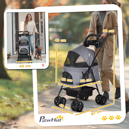 Pet Stroller for Small Dogs and Cats with One-Click Fold, EVA Wheels, Brake, Basket, Adjustable Canopy, Safety Leash - Grey