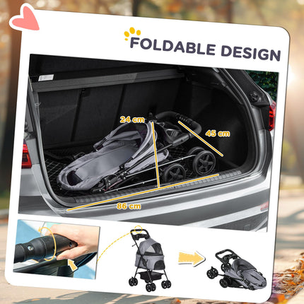 Pet Stroller for Small Dogs and Cats with One-Click Fold, EVA Wheels, Brake, Basket, Adjustable Canopy, Safety Leash - Grey